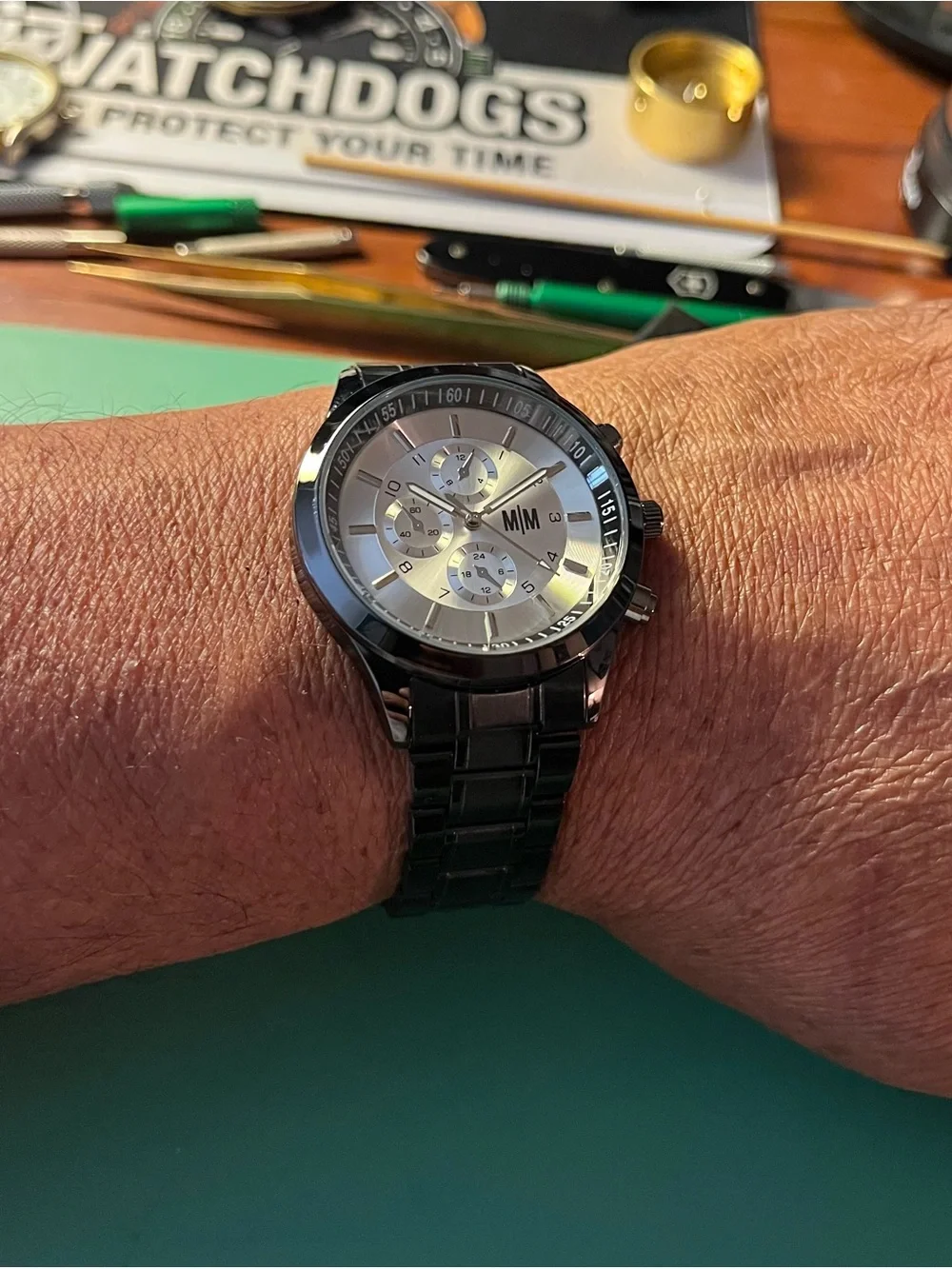 M|M Stainless Steel Chronograph Watch - Silver Dial, Black Bracelet